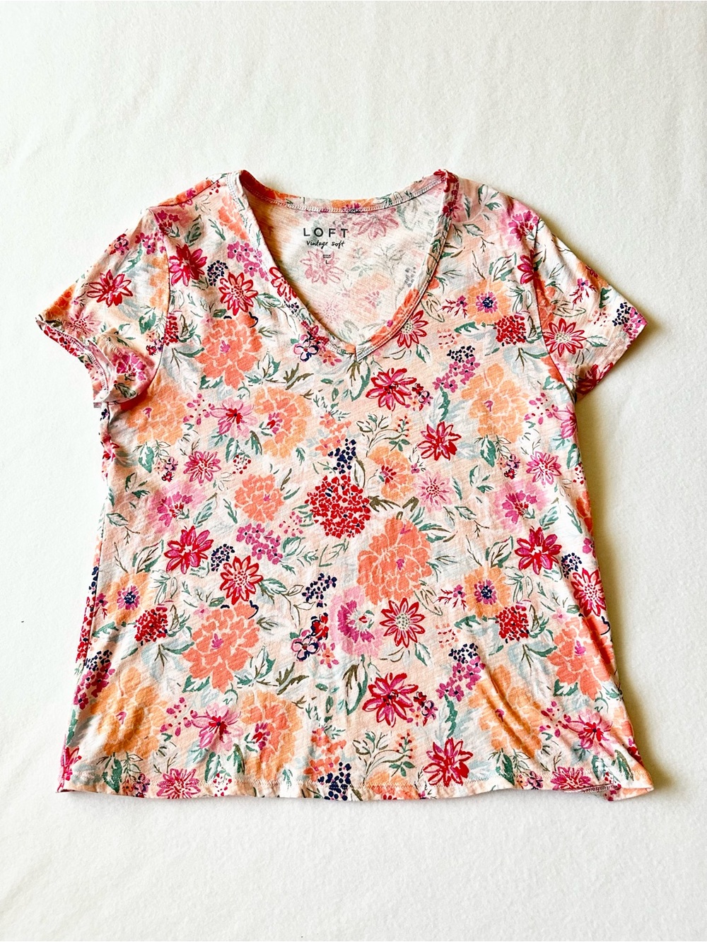 LOFT Women Floral Graphic Tee Large Vintage Soft 100% Cotton Short Sleeve